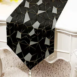 STITCHNEST Black & Grey Geometric Printed Tasseled Table Runner-2