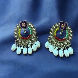 Sangria Gold-Plated Pearls Stone Studded & Kundan Beaded Contemporary Drop Earrings-10
