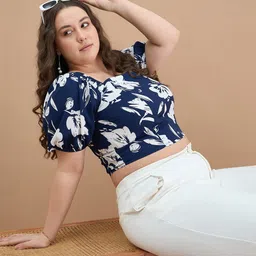 KIBO CURVE Floral Print Flared Sleeve Crepe Crop Top-image-76