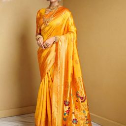 KALINI Woven Design Zari Paithani Saree & Contrast Blouse Piece-image-3