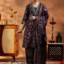 Libas Women Floral Printed Regular Mirror Work Kurta with Salwar & With Dupatta-17