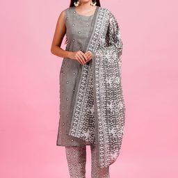 KALINI Women Bandhani Printed Regular Pure Cotton Kurta with Trousers & With Dupatta-image-92