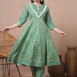 FASHOR Women Floral Printed Regular Mirror Work Pure Cotton Kurta with Trousers-image-72