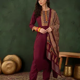 Sangria Ethnic Motifs Printed Yoke Design Kurta With Trousers And Dupatta-picture-39