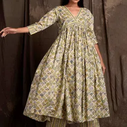 mokshi Pure Cotton Ethnic Printed Flared A-Line Kurta with Palazzos image 5
