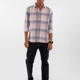 Eszett Tartan Checked Printed Spread Collar Short Sleeves Regular Fit Casual Shirt-image-17