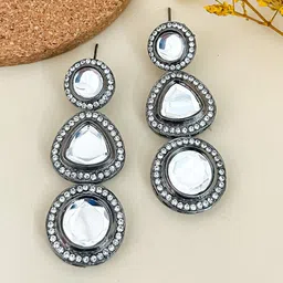 Zeviel Silver-Plated Artificial Stones Studded Circular Shaped Drop Earrings-picture-37