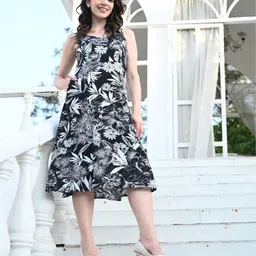 Sangria Women Tropical Print Shoulder Straps Cotton A-Line Midi Dress-image-29