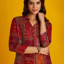 FLOWERVELLY Ethnic Motifs Printed Mandarin Collar Shirt Style Top-picture-17