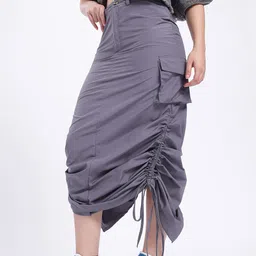 glitchez Street-Style Tie-Ups Pure Cotton Cargo-Style Midi A-Line Skirt with Back Slit-picture-48