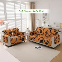 HOKIPO Copper Brown Floral Waterproof 5 Seater Sofa Mat With Pockets-image-37