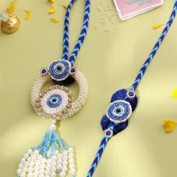 Sangria Artificial Stones Studded & Pearls Beaded Evil Eye Bhaiya Bhabhi Rakhis With Roli-35