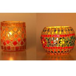 Somil Vibrant Multicolor Glass Candle Holder Add A Touch Of Magic To Diwali, Parties & Candlelight Dinners, Size-7 X 7 X 7 Cm , 11 X 11 X 8 Cm Pack OF 2-image-90