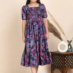 PTVIZE Girls Floral Print Puff Sleeve Cotton Fit & Flare Midi Dress-image-85