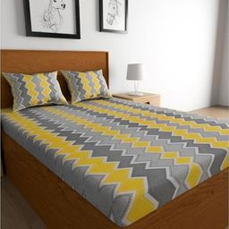 METRO LIVING Yellow & Grey Printed Cotton 104 TC Queen Bedsheet Set-image-26