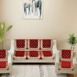 SAWNA HOMES Maroon & Cream 6 Pieces Floral Printed 5 Seater Velvet Sofa Covers-image-93
