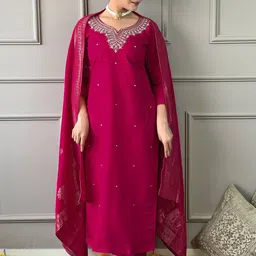 KALINI Floral Embroidered Sequinned Straight Kurta With Trousers & Dupatta-35