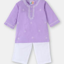 THE BABY LABEL Unisex Kids Floral Embroidered Regular Pure Cotton Kurta with Pyjamas-54