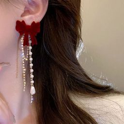 Celestria Korean Artificial Stones Studded & Beaded Bow Shaped Drop Earrings image 5