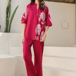 JISORA Women's Pink Printed Cotton Top With Trousers Co-Ord Set-image-43