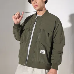 SHOWOFF Men Solid Olive Mandarin Collar Bomber Jacket-picture-18