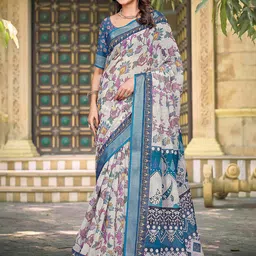 ZILVIRA Floral Pure Linen Designer Block Print Saree-image-12
