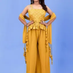 PARROT CREATION Women Embroidered Regular Sequinned Kurti with Sharara & With Dupatta image 2