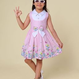PINK MERMAID Girl Shirt Collar Floral Print Fit & Flare Dress-97