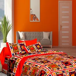 Aura Red & Red Ethnic Motifs Printed 144 TC Cotton Queen Bedsheet Set 2.10 m x 2.30 m-picture-3