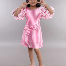 Pink Chick Polka Dot Striped Puff Sleeve A-Line Dress-image-73