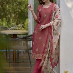 DIVASTRI Floral Embroidered Thread Work Kurta With Trousers & Dupatta-10