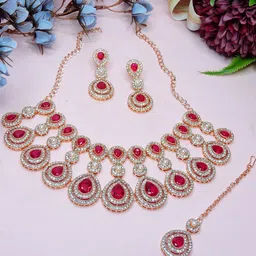 VATSALYA creation Alloy Gold- plated Ruby Red White Jewellery Set image 2
