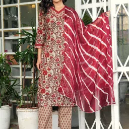 Light Daisy Floral Printed Mirror Work Pure Cotton Straight Kurta with Trousers & Dupatta-17