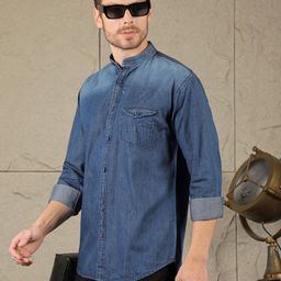 COBB Men Slim Fit Band Collar Faded Denim Casual Shirt-image-29