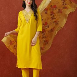 QSH Floral Yoke Design V-Neck Sequinned Straight Kurta With Trousers & Dupatta-picture-14