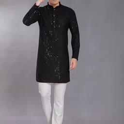 DIVISIVE Floral Embroidered Sequinned Mandarin Collar Slim Fit Kurta-image-63