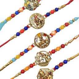 MEIRA JEWELLERY Set Of 5 Kundan Studded Rakhi With Roli Chawal & Greeting Card-image-45