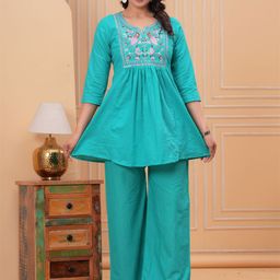 SINGNI Embroidered Pure Cotton Top With Palazzos Co-Ords-image-99