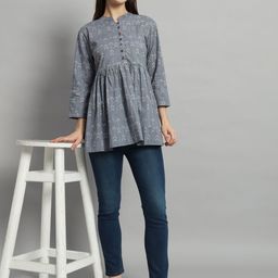 Ravaiyaa Women Printed Mandarin Collar Cotton Top-image-11