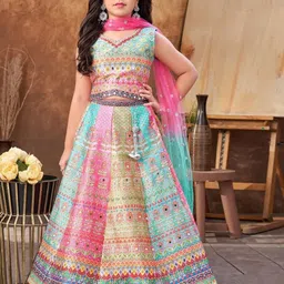 BAESD Girls Printed Mirror Work Tie and Dye Ready to Wear Lehenga & Blouse With Dupatta-25