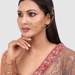 PENNY JEWELS Gold-Plated Green & Red Kundan Stone-Studded & Beaded Nosering-image-11