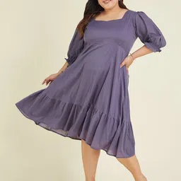 Janasya Janasya Women's Plus Size Purple Pure Cotton Solid A-line Dress-picture-7