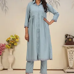 DIVASTRI Pleated Shirt Collar A-Line Kurta With Trousers-picture-46