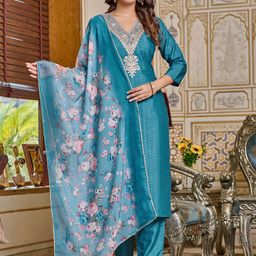 Rujave Women Ethnic Motifs Embroidered Thread Work Kurta with Trousers & With Dupatta-image-68