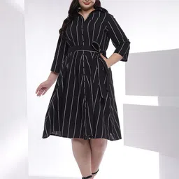 Amydus Women Plus Size Vertical Stripe Cotton Shirt Midi Dress-image-83
