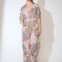Globus Shirt Collar Ruched Sleeves Ethnic Motifs Print Belted Fusion Jumpsuit-picture-16