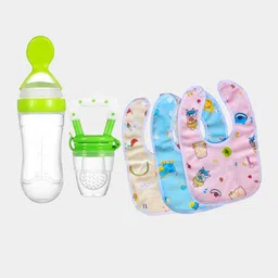 Kritiu Kids 5Pcs Green & Transparent Silicone Fruit Nibbler Food Feeder & Bibs-image-19