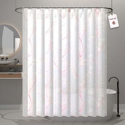 Aura 6-Pcs White & Pink Floral Printed Waterproof ShowerCurtainWithHooks-18