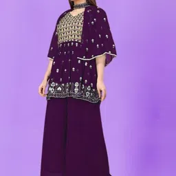 PARROT CREATION Floral Embroidered Pleated Georgette A-Line Kurti with Palazzos & Cape-image-66