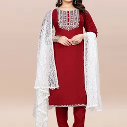 PATDOM Floral Embroidered Round Neck Thread Work Straight Kurta With Trousers & Dupatta-image-79